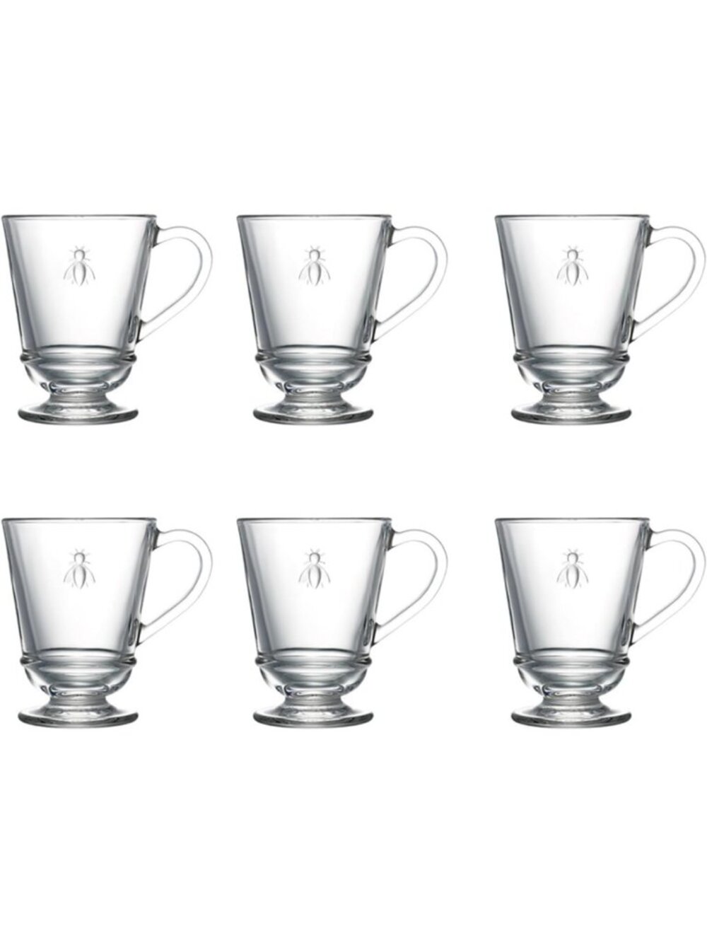 Elegant Bee Design Glass Coffee Cups Set - 6 Pack, 9 oz, Clear, Dishwasher Safe